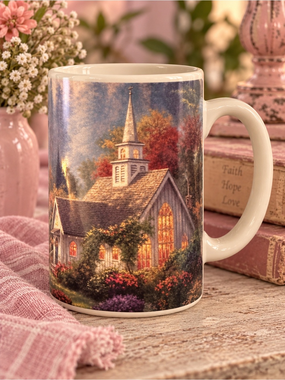 Thomas Kinkade Cream Mug with Autumn Church Scene